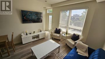 Toronto (Corso Italia-Davenport) townhouse for rent - A living room with a blue couch and a painting on the wall.