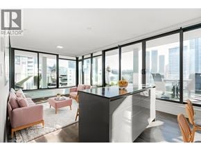 Burnaby apartment for rent - A modern kitchen with a large island and a view of the city.