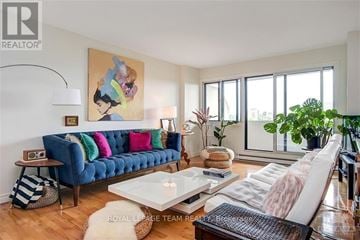 Ottawa condo for rent - A living room with a blue couch and a painting of a woman on the wall.