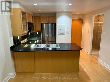 Toronto (Annex) condo for rent - A kitchen with wooden cabinets and a black countertop.
