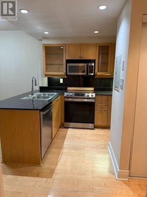 Toronto (Annex) condo for rent - A kitchen with wooden cabinets and black countertops.