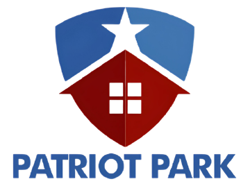 Plano apartment for rent - A logo with a shield and a flag on top and the words "Patriot Park" below it.