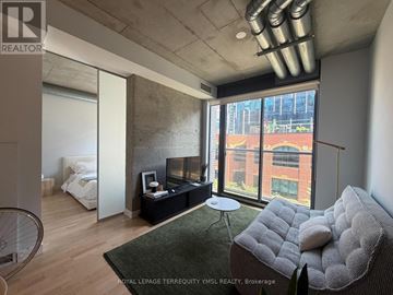Toronto (Moss Park) condo for rent - A living room with a grey sofa and a green rug.