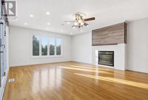 Azilda apartment for rent - A spacious room with a fireplace and a ceiling fan.