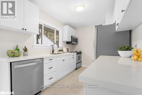 Orillia apartment for rent - A modern kitchen with white cabinets and appliances.