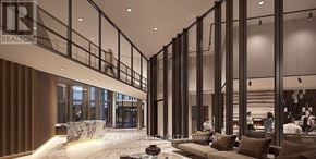 Oakville (Jm Joshua Meadows) condo for rent - A modern lobby with a glass wall and people walking around.