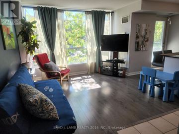 Toronto (Waterfront Communities) condo for rent - A living room with a blue couch and a television.