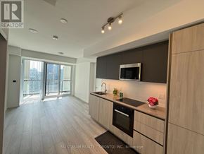Toronto (Waterfront Communities) condo for rent - A modern kitchen with wooden cabinets and a black countertop.