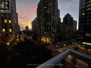Toronto (Mount Pleasant West) condo for rent - A cityscape at dusk with the sun setting behind the buildings.