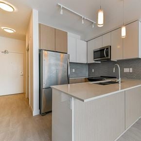 Surrey apartment for rent - A kitchen with a refrigerator, microwave, and cabinets.