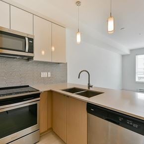 Surrey apartment for rent - A kitchen with a sink, stove, and microwave.