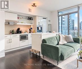 Toronto (Moss Park) condo for rent - A modern kitchen with a green couch in the living room.