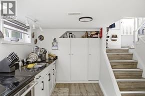Windsor apartment for rent - A kitchen with white cabinets and a black counter top.