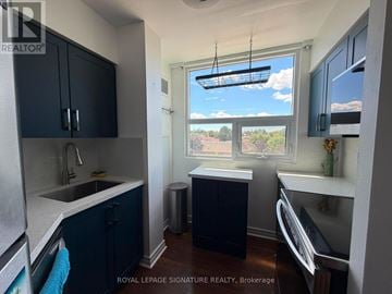 Ajax (Central West) condo for rent - A kitchen with dark blue cabinets and a white countertop.