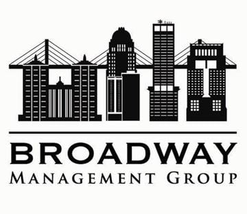 Louisville apartment for rent - A black and white image of a city skyline with the words "Broadway Management Group" written below it.