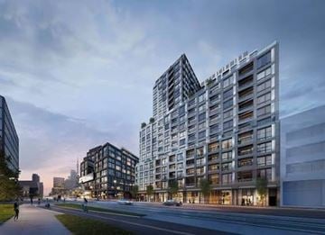Toronto apartment for rent - A modern cityscape with a mix of high-rise buildings and a pedestrian walkway.