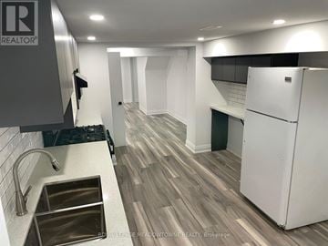 Toronto (Little Portugal) duplex for rent - A modern kitchen with a sink and a refrigerator.