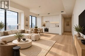 Mississauga (City Centre) condo for rent - A modern living room with a large window overlooking the city.