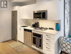 Toronto (Waterfront Communities) condo for rent - A kitchen with white cabinets and a patterned rug on the floor.