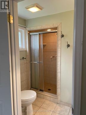 Fort Erie (Ridgeway) apartment for rent - A white toilet in a bathroom with a glass shower door.