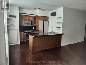 Toronto (South Parkdale) condo for rent - A kitchen with wooden cabinets and a black countertop.