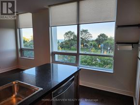 Toronto (South Parkdale) condo for rent - A kitchen with a sink and a window overlooking a street.