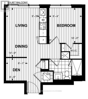 Toronto (Islington-City Centre West) condo for rent - A floor plan for a Juliet Balcony shows the layout of a bedroom, living room, dining room, and den.
