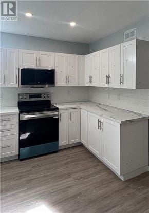 Sudbury apartment for rent - A kitchen with a refrigerator, sink, and cabinets.