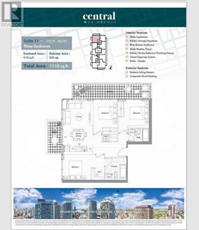 Toronto (Waterfront Communities) condo for rent - A real estate advertisement for a property called Central Business, featuring a floor plan and exterior image of a cityscape.