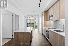 Toronto (East End-Danforth) condo for rent - A modern kitchen with wooden cabinets and a white countertop.