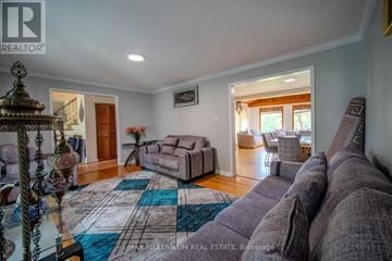 Brampton (Brampton East) apartment for rent - A living room with a grey sofa and a blue and white rug.