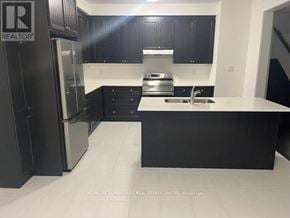Erin apartment for rent - A modern kitchen with black cabinets and a stainless steel refrigerator.