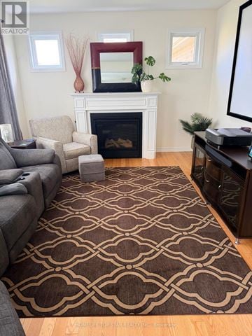 Otonabee-South Monaghan apartment for rent - A living room with a grey couch and a patterned rug.