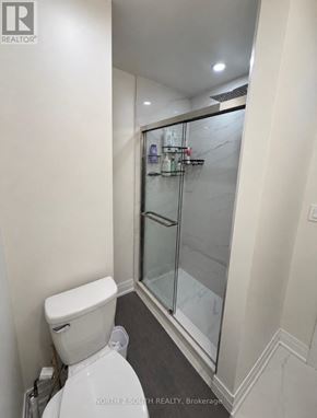 Toronto (Black Creek) apartment for rent - A white toilet in a small bathroom with a glass shower door.