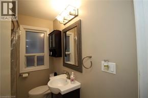 Hamilton apartment for rent - A bathroom with a sink, mirror, and toilet.