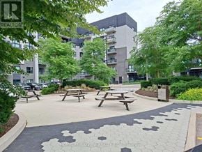 Oakville (Go Glenorchy) condo for rent - A realtor photo of a courtyard with picnic tables and apartment buildings in the background.