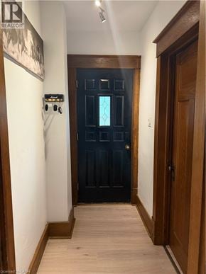Brantford apartment for rent - A black door with a glass panel in the middle is flanked by two wooden doors.