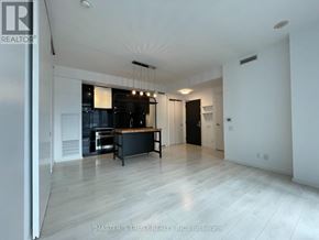 Toronto (Waterfront Communities) condo for rent - A spacious kitchen with a black countertop and a white ceiling.