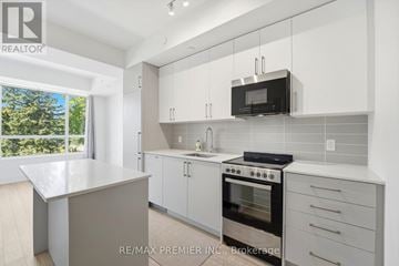 King (King City) condo for rent - A modern kitchen with white cabinets and a microwave above the stove.