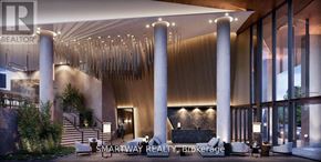 Toronto (Islington-City Centre West) condo for rent - A modern interior space with a staircase and a large chandelier.