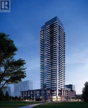 Mississauga (City Centre) condo for rent - A tall, modern building with a glass facade is the focal point of the image.