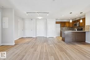 Edmonton apartment for rent - A spacious kitchen with wooden floors and a modern design.