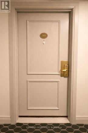 Toronto (Downsview-Roding-Cfb) condo for rent - A white door with a gold handle and a sign above it that says 205.