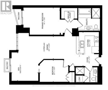 Toronto (Rosedale-Moore Park) condo for rent - A floor plan of a house with a balcony, den, and a primary bedroom.