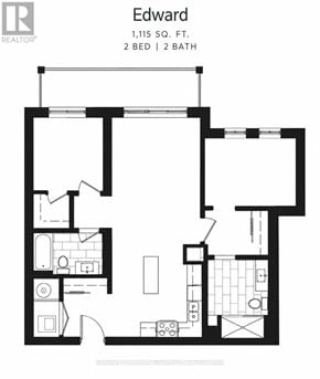 Clearview (Creemore) condo for rent - A black and white image of a floor plan for a 1,115 square foot property with two bedrooms and two bathrooms.