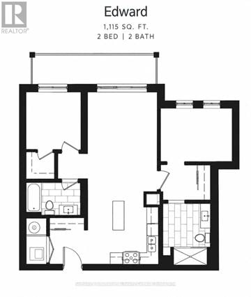 Clearview (Creemore) condo for rent - A black and white image of a floor plan for a 1,115 square foot property with two bedrooms and two bathrooms.