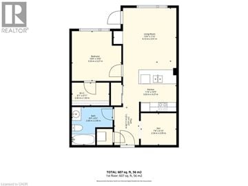 Stoney Creek condo for rent - A floor plan for a home with a living room, dining room, kitchen, and bathroom.