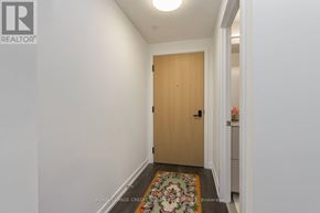 Toronto (Church-Yonge Corridor) condo for rent - A hallway with a wooden door and a rug on the floor.