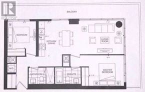 Toronto (Church-Yonge Corridor) condo for rent - A floor plan of a balcony with a living room, kitchen, dining room, and two bedrooms.