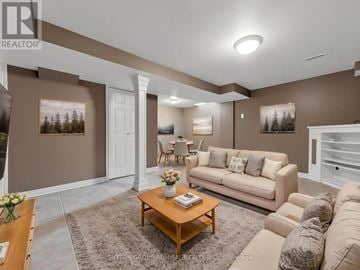Vaughan (Maple) townhouse for rent - A living room with a brown couch, a coffee table, and a painting on the wall.